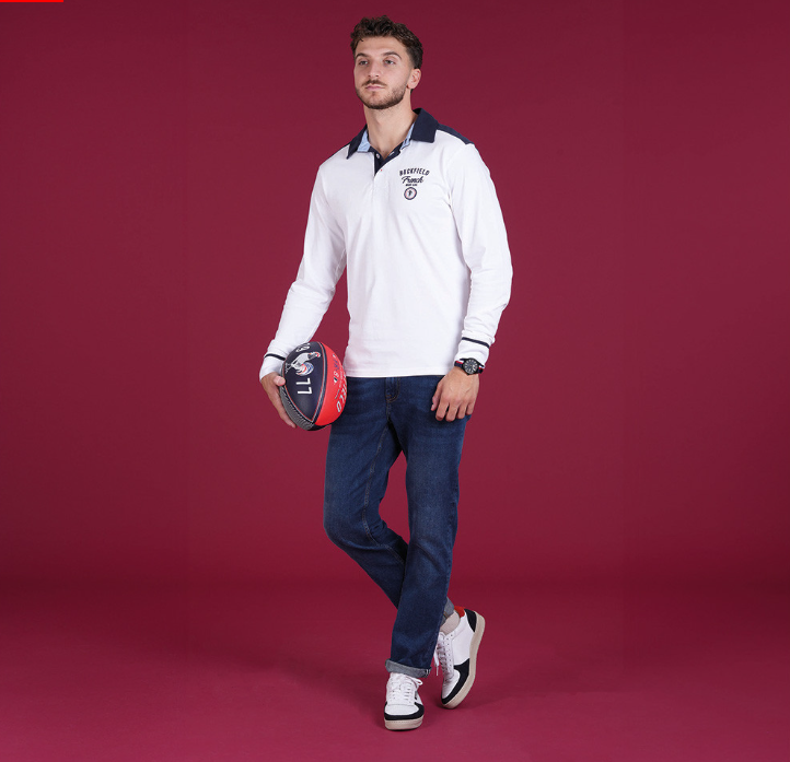 Polo manches longues Ruckfield blanc et bleu marine, collection French