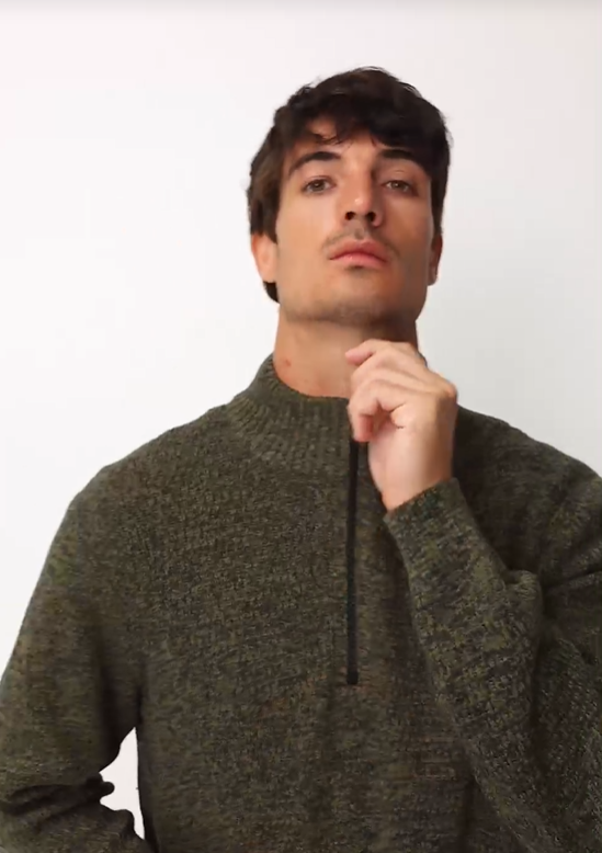 Pull maille col zippé Camel Active kaki chiné pour homme